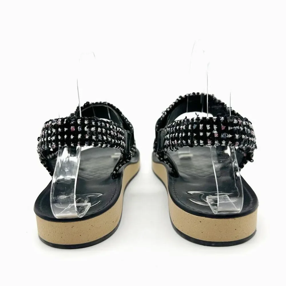 CHANEL Black Tweed Sequin Crystal Interlocking CC Dad Sandal Size 39.5 Slingback